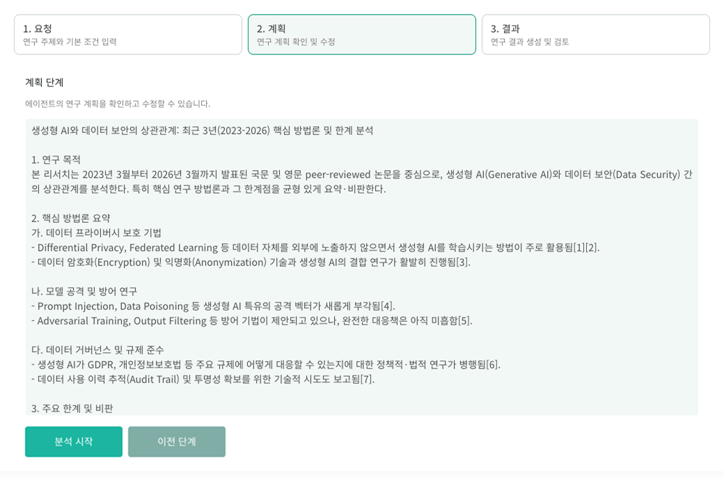 동향 분석에서 AI가 생성한 연구 계획을 확인하는 화면